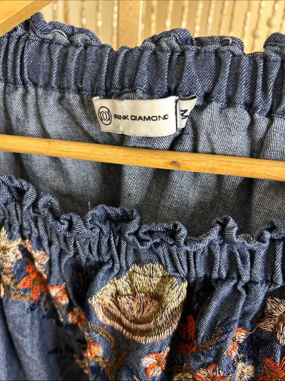 Embroidered Off-Shoulder Denim Blouse - Blue - Picture 2 of 15